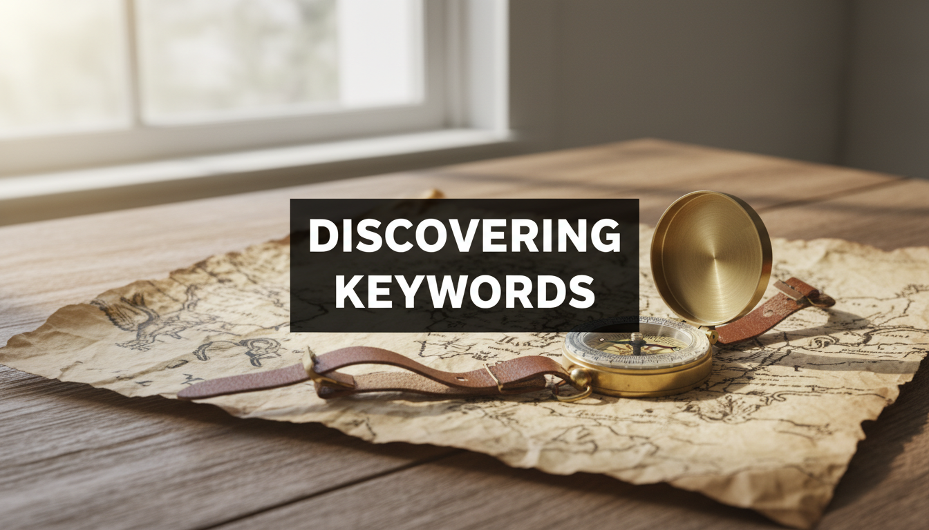 A bright, realistic, single-shot stock photo of a vintage compass resting on an old, unfolded map on a wooden table. Superimposed on the center is a solid black rectangular box containing the text 'DISCOVERING KEYWORDS' in bold white font. There is NO other text.