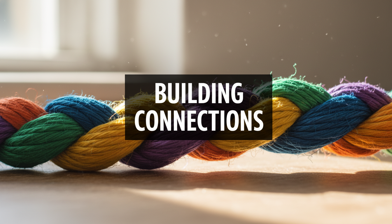 A bright, realistic, single-shot stock photo of several different colored threads coming together to be woven into a single, strong rope. Superimposed on the center is a solid black rectangular box containing the text 'BUILDING CONNECTIONS' in bold white font. There is NO other text.