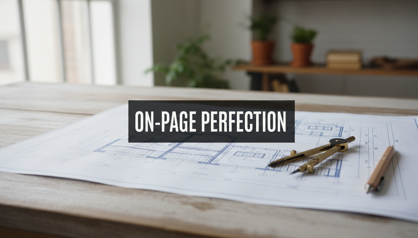 A bright, realistic, single-shot stock photo of a detailed architectural blueprint laid out on a wooden table with a drafting compass and a pencil resting on top. Superimposed on the center is a solid black rectangular box containing the text 'ON-PAGE PERFECTION' in bold white font. There is NO other text.