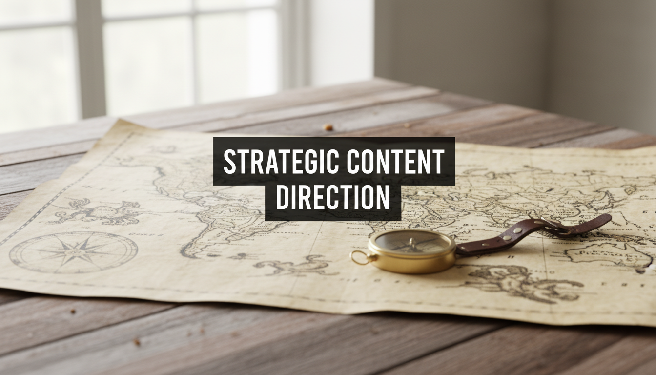 A bright, realistic, single-shot stock photo of a physical compass resting on a detailed map spread across a wooden table. Superimposed on the center is a solid black rectangular box containing the text 'STRATEGIC CONTENT DIRECTION' in bold white font. There is NO other text.