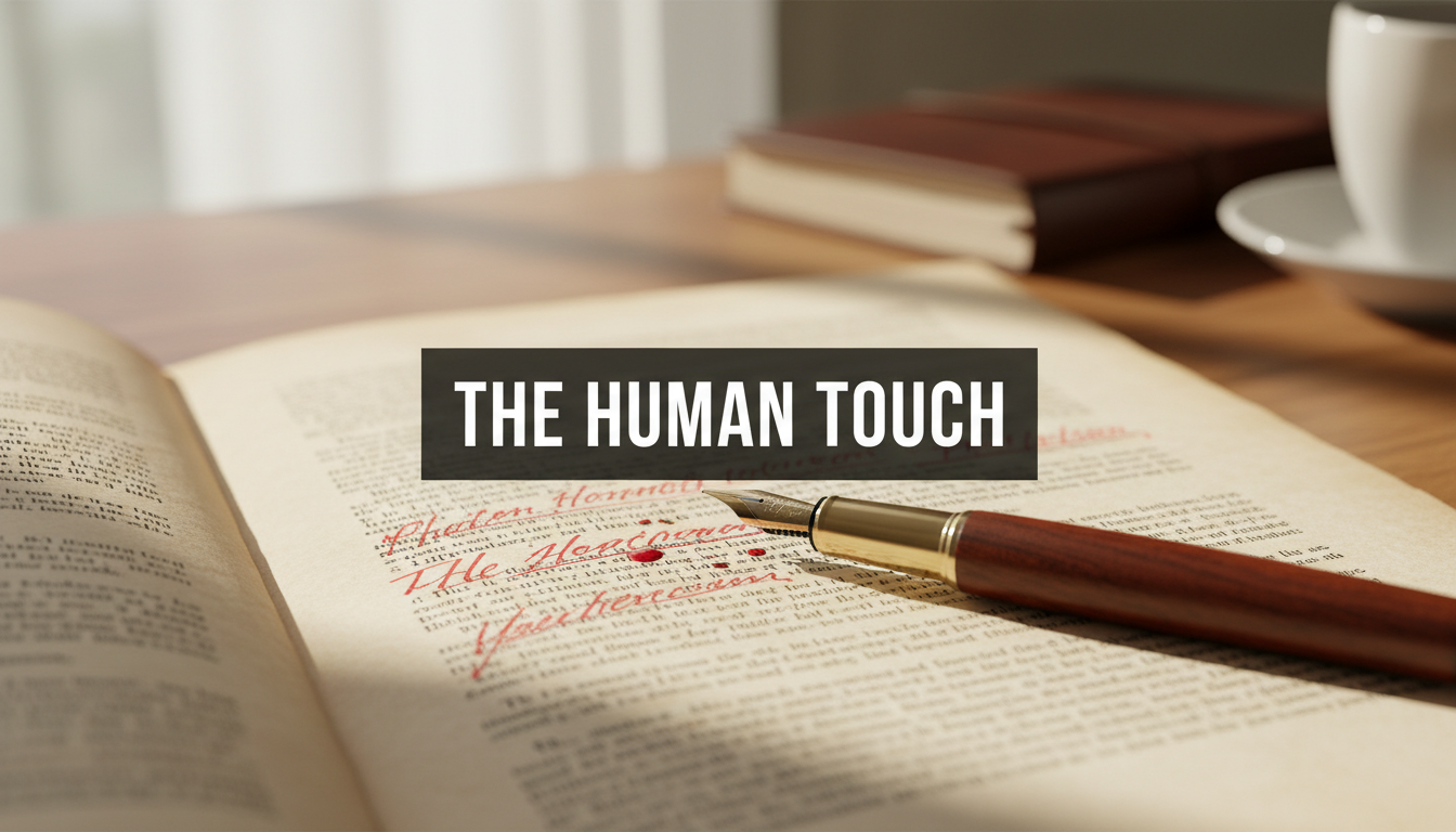 A bright, realistic, single-shot stock photo of a fountain pen resting next to a printed manuscript with red ink corrections. Superimposed on the center is a solid black rectangular box containing the text 'THE HUMAN TOUCH' in bold white font. There is NO other text.