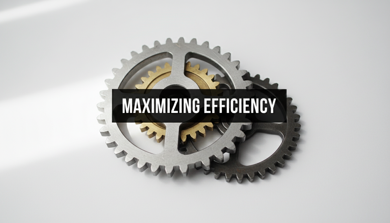 A bright, realistic, single-shot stock photo of a set of interlocking metal gears on a clean, white background. Superimposed on the center is a solid black rectangular box containing the text 'MAXIMIZING EFFICIENCY' in bold white font. There is NO other text.