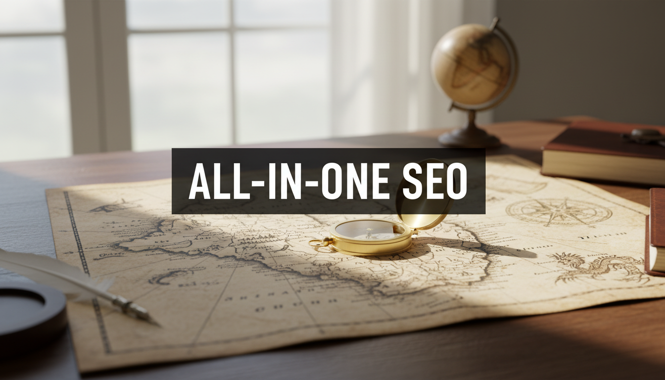 A bright, realistic, single-shot stock photo of a detailed nautical map spread across a captain's wooden desk, with a brass compass resting on top. Superimposed on the center is a solid black rectangular box containing the text 'ALL-IN-ONE SEO' in bold white font. There is NO other text.