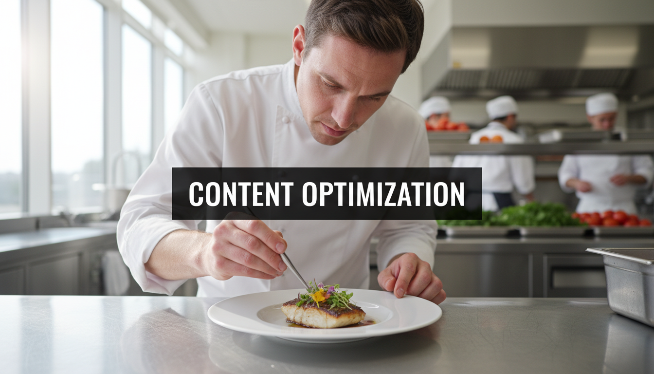 A bright, realistic, single-shot stock photo of a chef meticulously plating a dish with tweezers in a brightly lit, professional kitchen. Superimposed on the center is a solid black rectangular box containing the text 'CONTENT OPTIMIZATION' in bold white font. There is NO other text.
