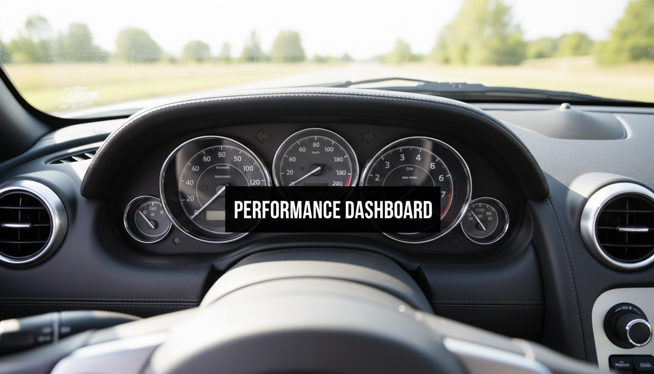 A bright, realistic, single-shot stock photo of a car's dashboard with various gauges and dials clearly visible in daylight. Superimposed on the center is a solid black rectangular box containing the text 'PERFORMANCE DASHBOARD' in bold white font. There is NO other text.