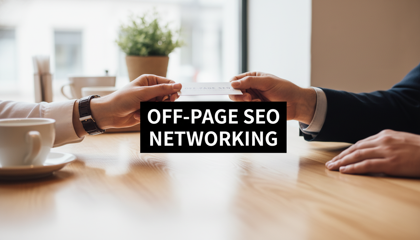 A bright, realistic, single-shot stock photo of a person's hand passing a business card to another person across a wooden table. Superimposed on the center is a solid black rectangular box containing the text 'OFF-PAGE SEO NETWORKING' in bold white font. There is NO other text.