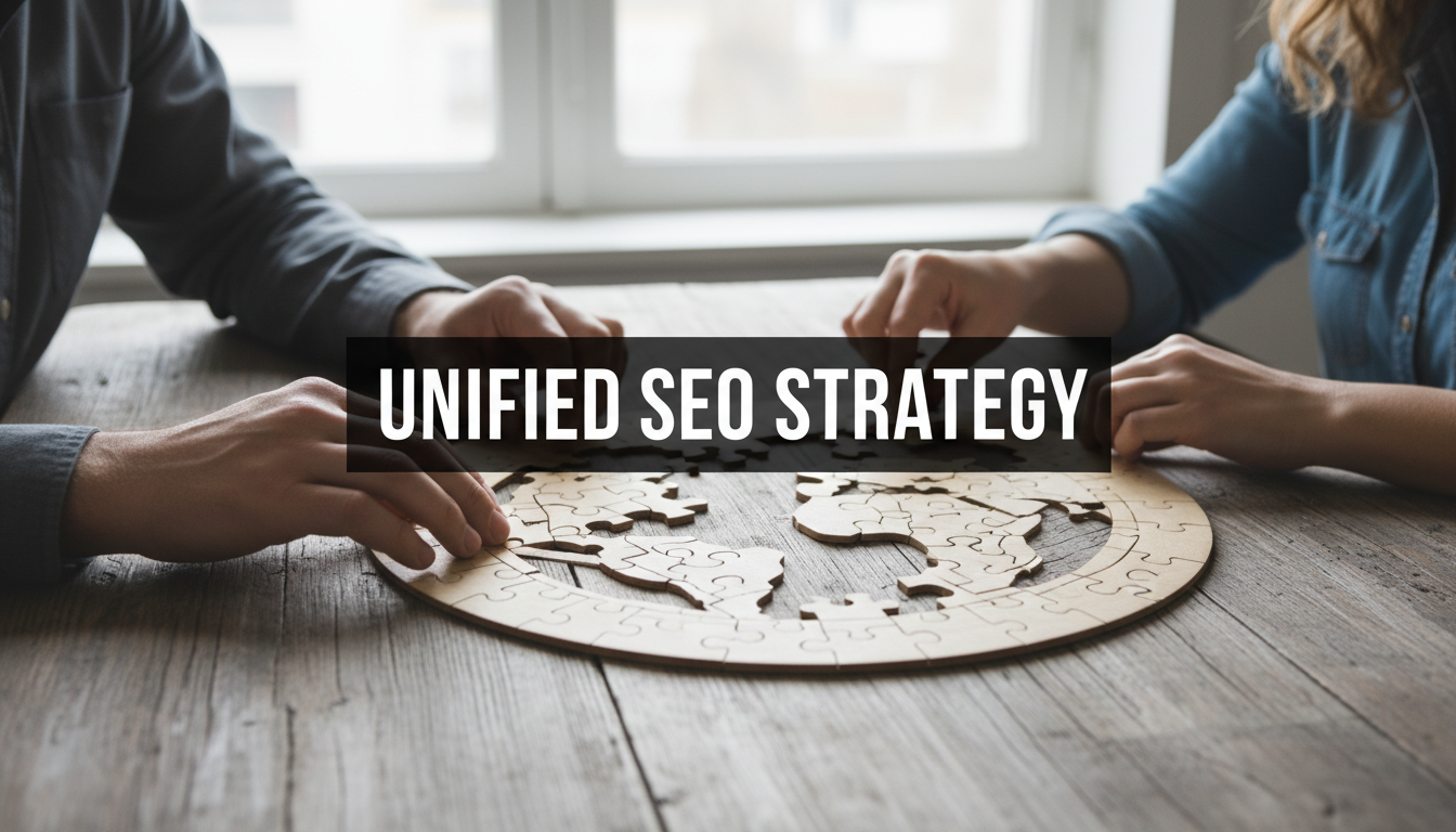 A bright, realistic, single-shot stock photo of two people's hands completing a jigsaw puzzle on a wooden table. Superimposed on the center is a solid black rectangular box containing the text 'UNIFIED SEO STRATEGY' in bold white font. There is NO other text.