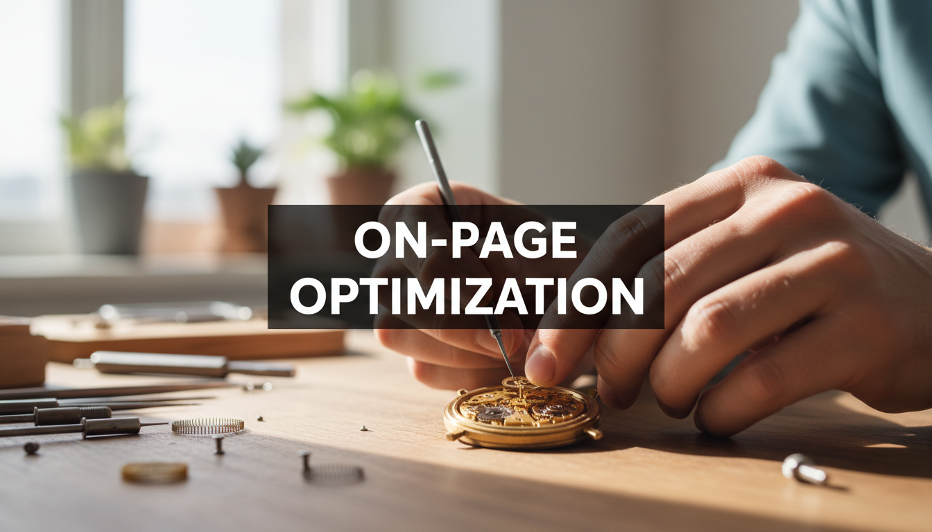 A bright, realistic, single-shot stock photo of a person's hands meticulously adjusting the gears inside an open-faced mechanical watch on a workbench. Superimposed on the center is a solid black rectangular box containing the text 'ON-PAGE OPTIMIZATION' in bold white font. There is NO other text.