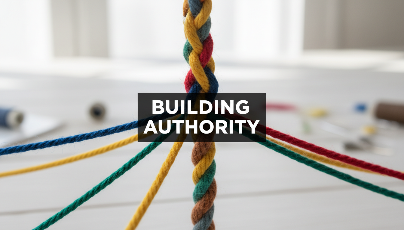 A bright, realistic, single-shot stock photo of several different colored threads coming together from different directions and weaving into a single, strong rope. Superimposed on the center is a solid black rectangular box containing the text 'BUILDING AUTHORITY' in bold white font. There is NO other text.