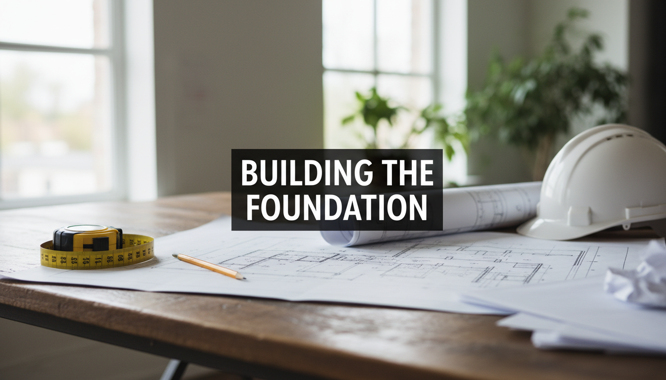 A bright, realistic, single-shot stock photo of a set of architectural blueprints laid out on a wooden desk with a measuring tape, pencil, and a hard hat nearby. Superimposed on the center is a solid black rectangular box containing the text 'BUILDING THE FOUNDATION' in bold white font. There is NO other text.