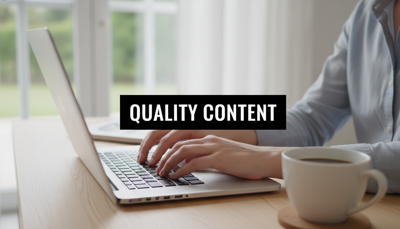 A bright, realistic, single-shot stock photo of a person's hands typing on a modern laptop keyboard, with a cup of coffee on the desk beside them in a bright office setting. Superimposed on the center is a solid black rectangular box containing the text 'QUALITY CONTENT' in bold white font. There is NO other text.
