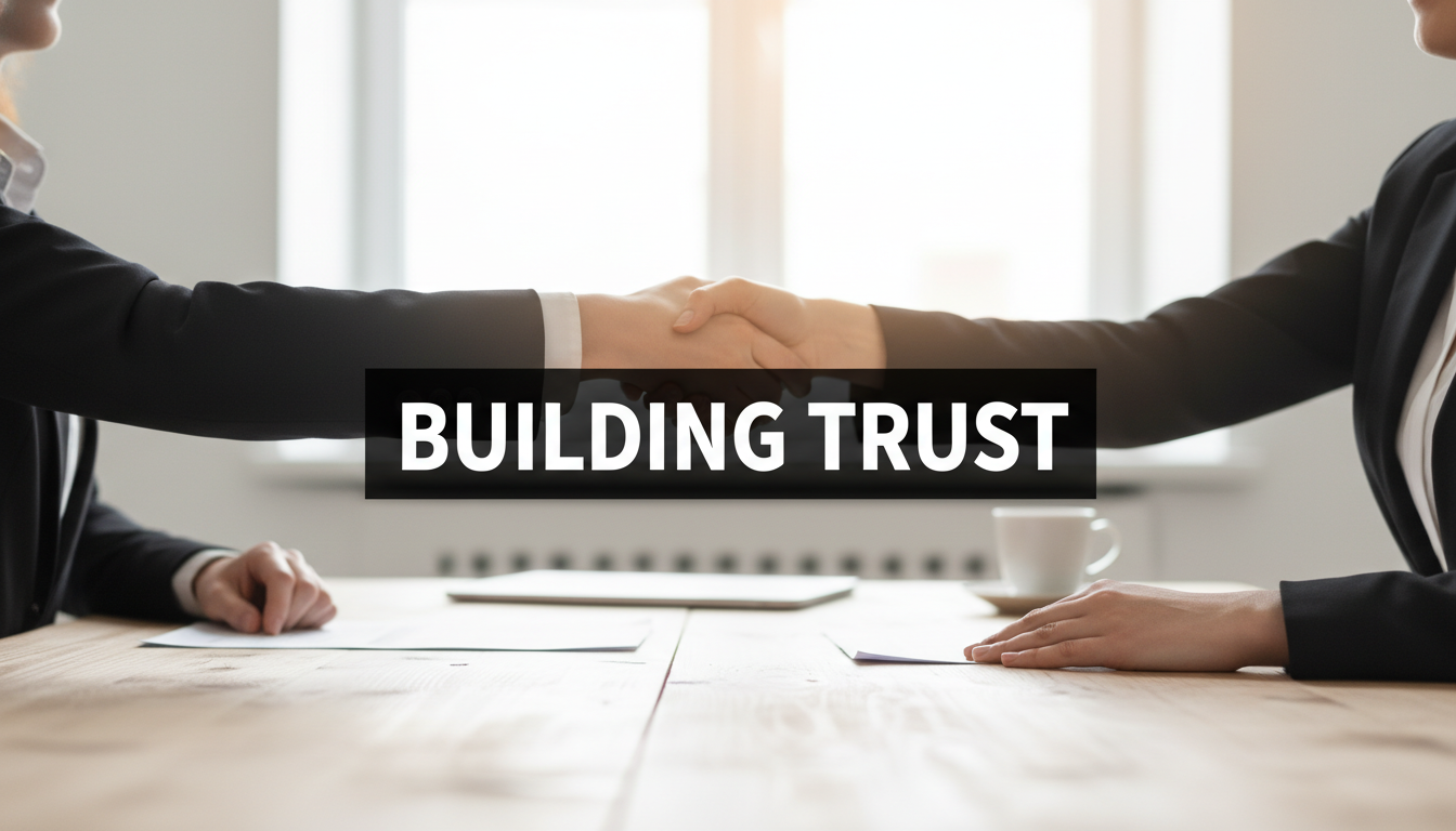 A bright, realistic, single-shot stock photo of two people shaking hands across a clean, wooden office desk, sealing a deal. Superimposed on the center is a solid black rectangular box containing the text 'BUILDING TRUST' in bold white font. There is NO other text.