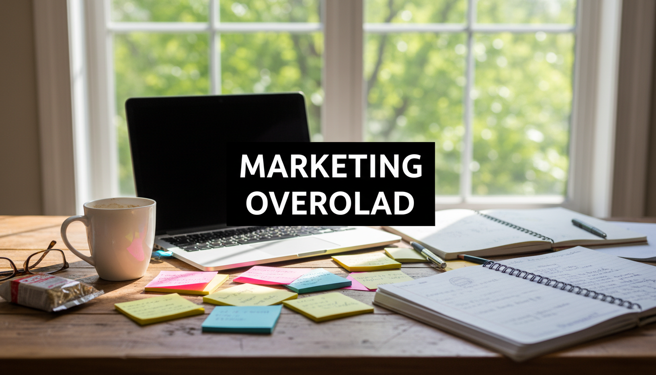 A bright, realistic, single-shot stock photo of a cluttered wooden desk covered in sticky notes of various colors, a laptop, a coffee mug, and several open notebooks. The scene is lit by natural morning light from a nearby window. Superimposed on the center is a solid black rectangular box containing the text 'MARKETING OVERLOAD' in bold white font. There is NO other text.
