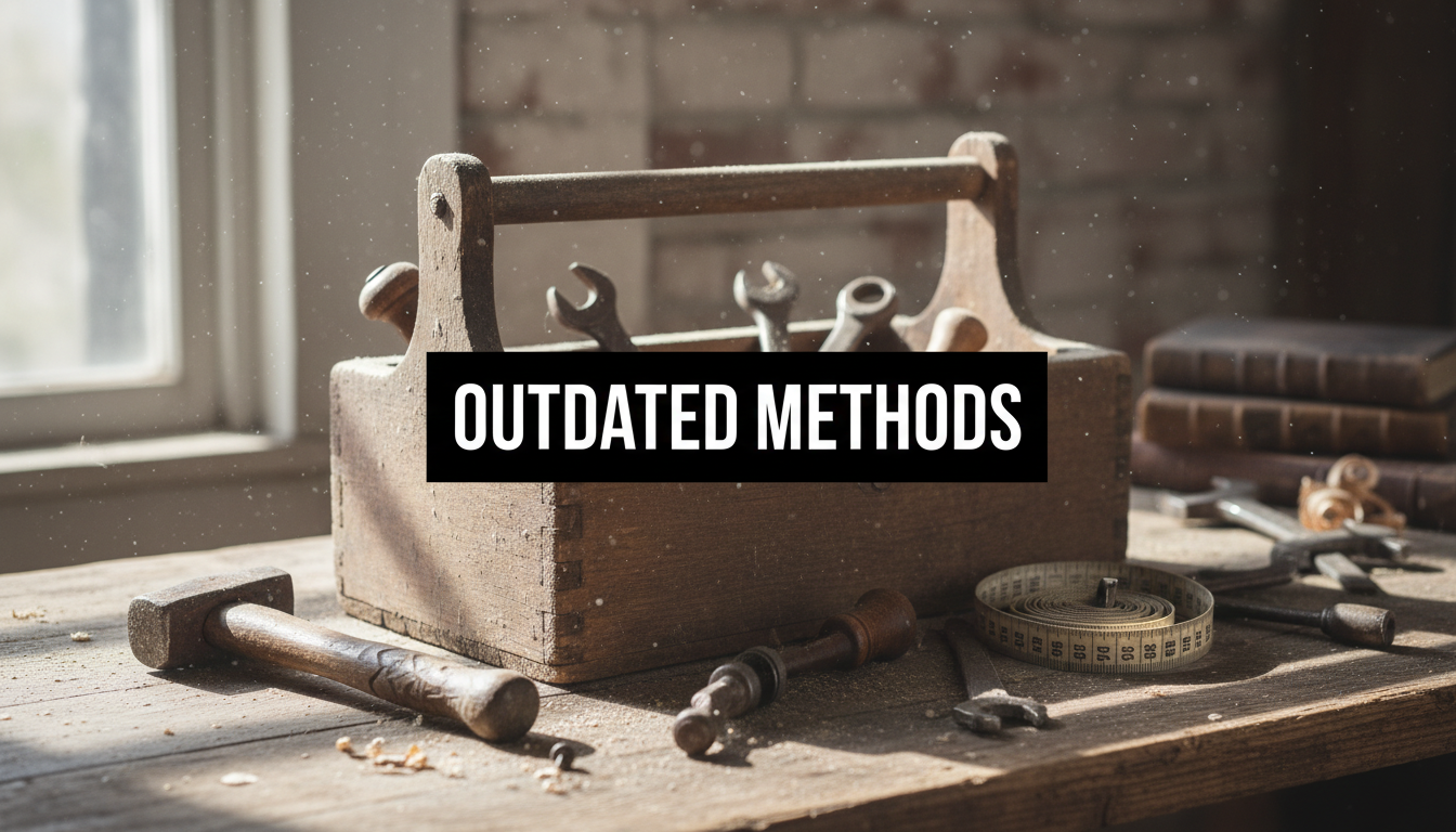 A bright, realistic, single-shot stock photo of a dusty, old-fashioned toolbox with vintage tools like a wooden-handled hammer and a manual hand drill resting on a workbench. Sunlight streams in from a window, highlighting the dust motes in the air. Superimposed on the center is a solid black rectangular box containing the text 'OUTDATED METHODS' in bold white font. There is NO other text.