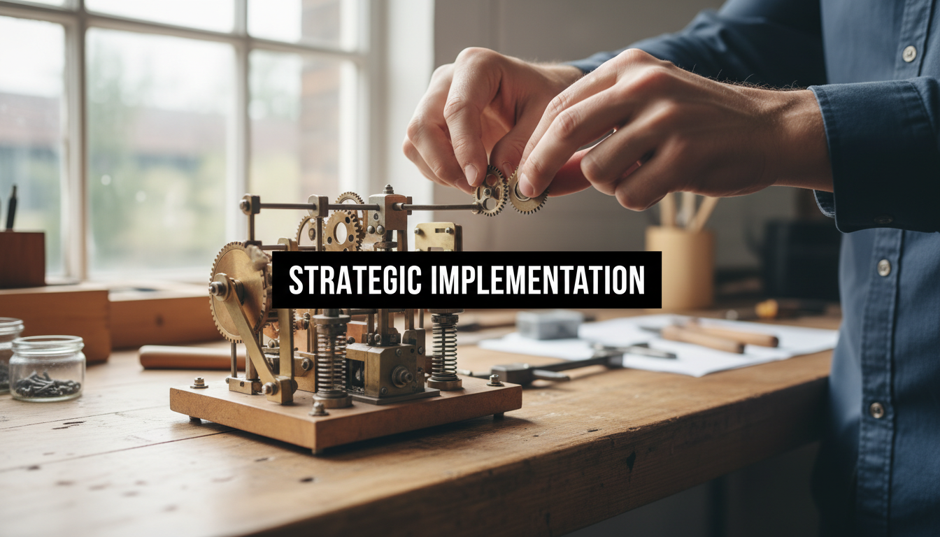 A bright, realistic, single-shot stock photo of a person's hands carefully assembling a complex mechanical model with gears and levers on a well-lit wooden workbench. The focus is on the precise connection of two parts. Superimposed on the center is a solid black rectangular box containing the text 'STRATEGIC IMPLEMENTATION' in bold white font. There is NO other text.