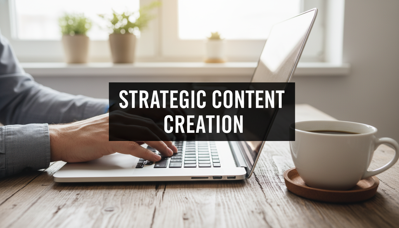 A bright, realistic, single-shot stock photo of a person's hands typing on a modern laptop keyboard, with a cup of coffee on the wooden desk beside them. Superimposed on the center is a solid black rectangular box containing the text 'STRATEGIC CONTENT CREATION' in bold white font. There is NO other text.