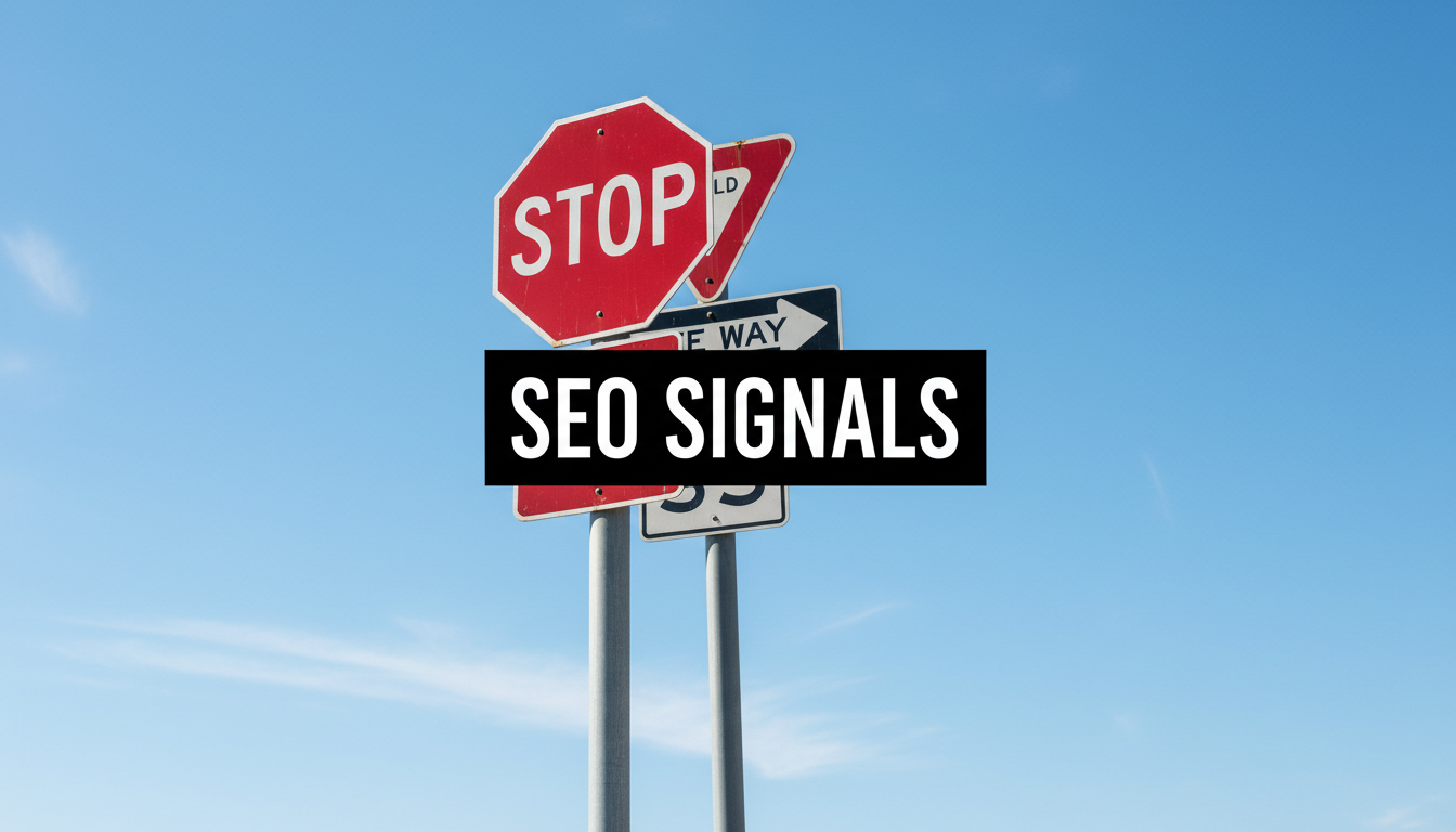 A bright, realistic, single-shot stock photo of a collection of different road signs (stop, yield, one way) on a single post against a clear blue sky. Superimposed on the center is a solid black rectangular box containing the text 'SEO SIGNALS' in bold white font. There is NO other text.