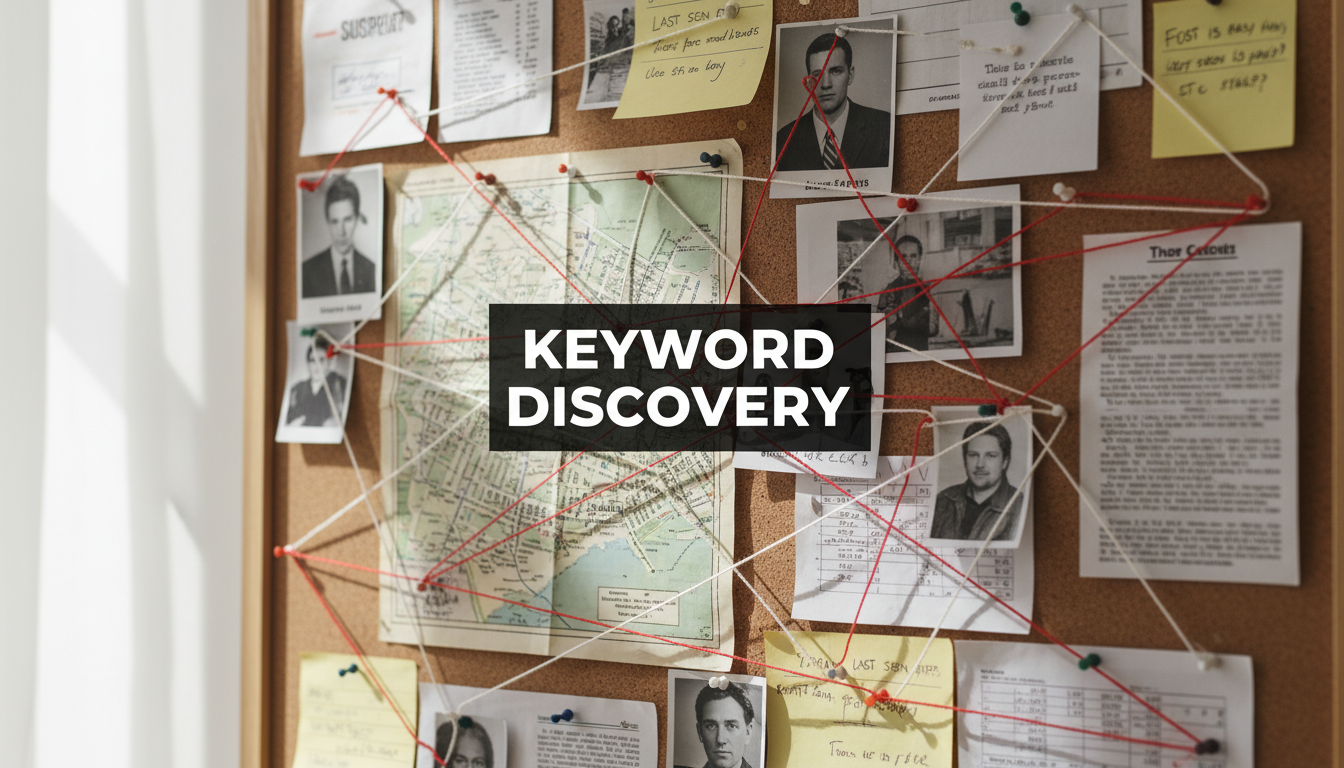 A bright, realistic, single-shot stock photo of a detective's corkboard with various notes, maps, and strings connecting different points of interest. Superimposed on the center is a solid black rectangular box containing the text 'KEYWORD DISCOVERY' in bold white font. There is NO other text.