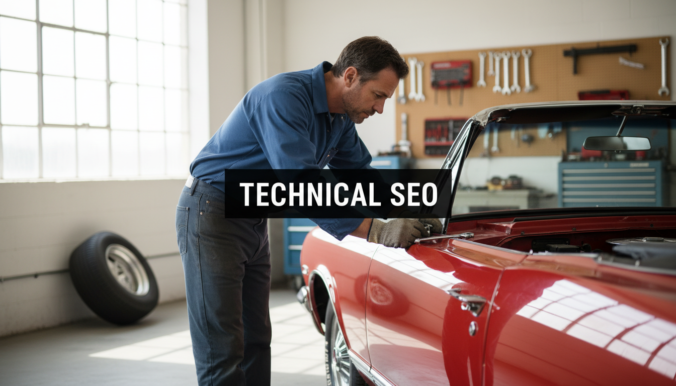 A bright, realistic, single-shot stock photo of a mechanic looking under the hood of a classic car in a clean, well-lit garage. Superimposed on the center is a solid black rectangular box containing the text 'TECHNICAL SEO' in bold white font. There is NO other text.