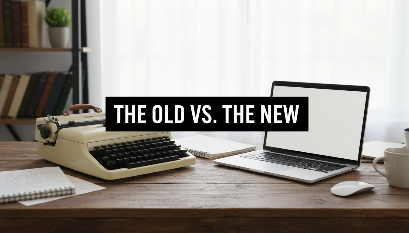 A bright, realistic, single-shot stock photo of a vintage manual typewriter sitting next to a modern laptop on a wooden desk. Superimposed on the center is a solid black rectangular box containing the text 'THE OLD VS. THE NEW' in bold white font. There is NO other text.