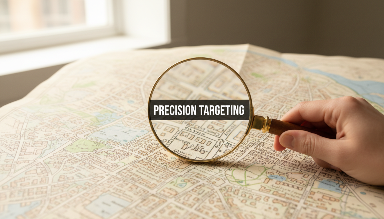 A bright, realistic, single-shot stock photo of a magnifying glass held over a detailed city map, focusing on a single street. Superimposed on the center is a solid black rectangular box containing the text 'PRECISION TARGETING' in bold white font. There is NO other text.