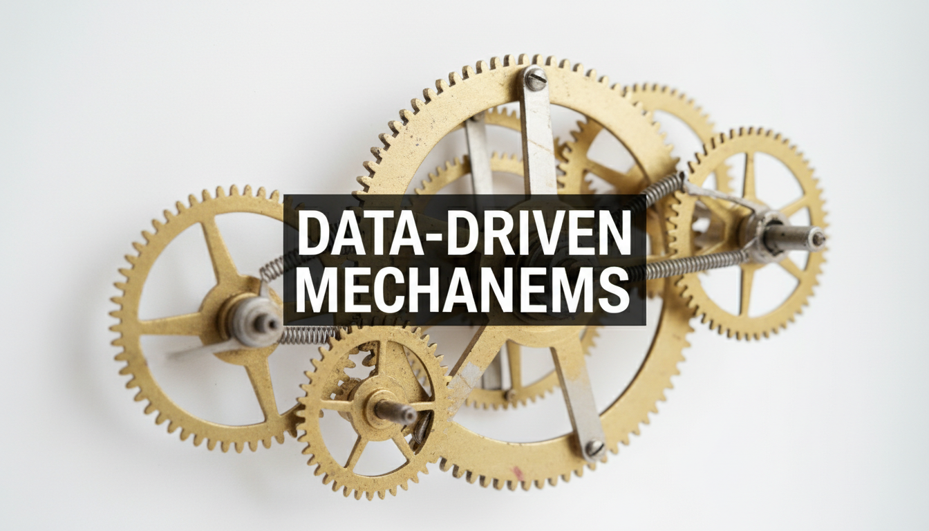 A bright, realistic, single-shot stock photo of a series of intricate clock gears working together on a clean, white background. Superimposed on the center is a solid black rectangular box containing the text 'DATA-DRIVEN MECHANISMS' in bold white font. There is NO other text.