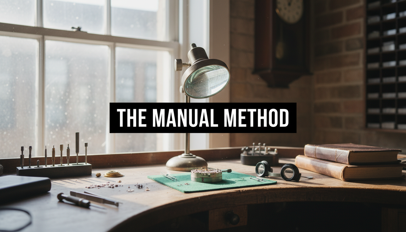 A bright, realistic, single-shot stock photo of a watchmaker's workbench with precision tools, gears, and a magnifying glass, all bathed in natural light from a window. Superimposed on the center is a solid black rectangular box containing the text 'THE MANUAL METHOD' in bold white font. There is NO other text.