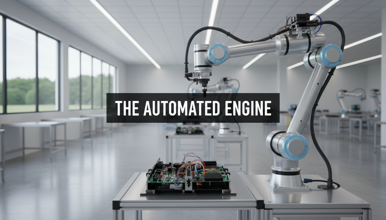 A bright, realistic, single-shot stock photo of a modern, clean factory floor with a sleek robotic arm assembling a complex device with perfect precision. Superimposed on the center is a solid black rectangular box containing the text 'THE AUTOMATED ENGINE' in bold white font. There is NO other text.