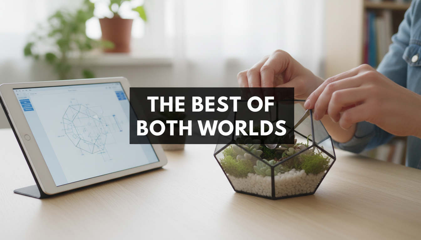 A bright, realistic, single-shot stock photo of a person's hands carefully assembling a delicate terrarium, with a modern tablet displaying a digital blueprint of the design next to it. Superimposed on the center is a solid black rectangular box containing the text 'THE BEST OF BOTH WORLDS' in bold white font. There is NO other text.