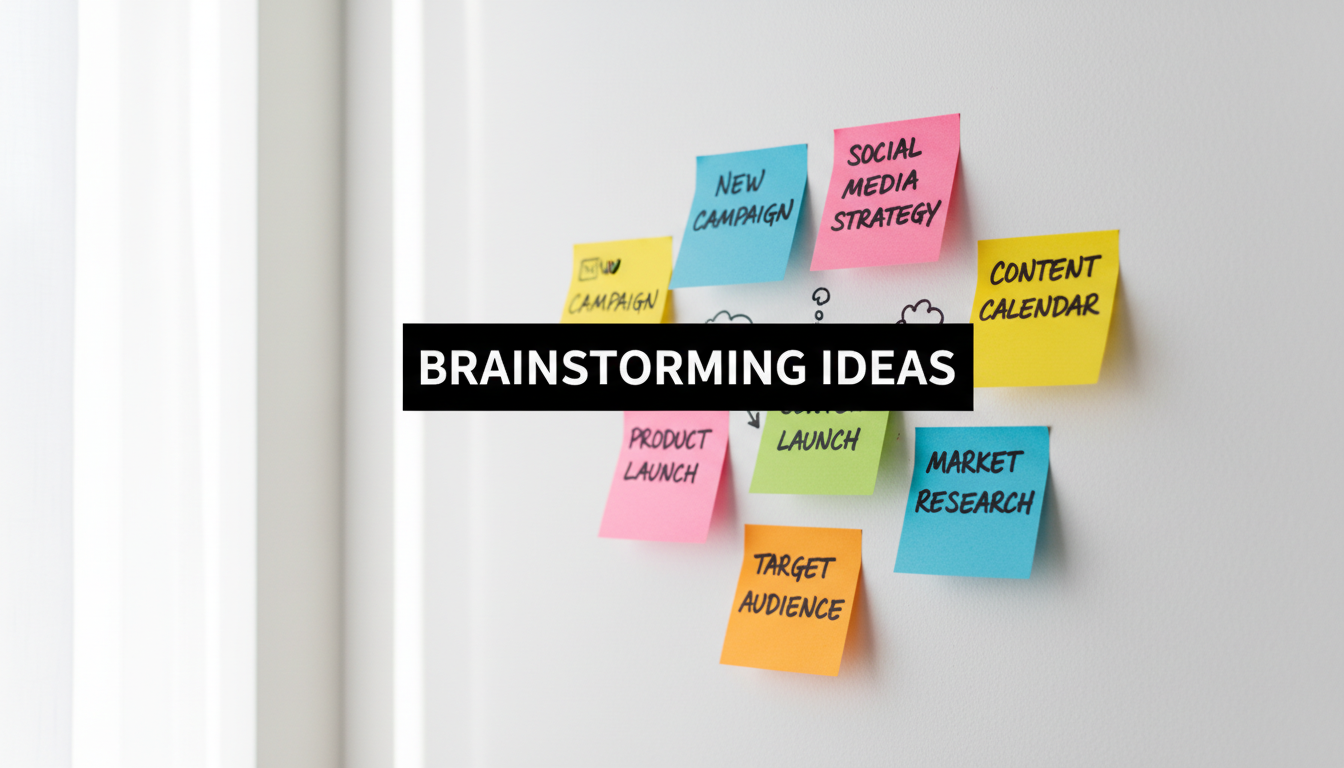 A bright, realistic, single-shot stock photo of several colorful sticky notes with handwritten ideas on a clean white wall. Superimposed on the center is a solid black rectangular box containing the text 'BRAINSTORMING IDEAS' in bold white font. There is NO other text.
