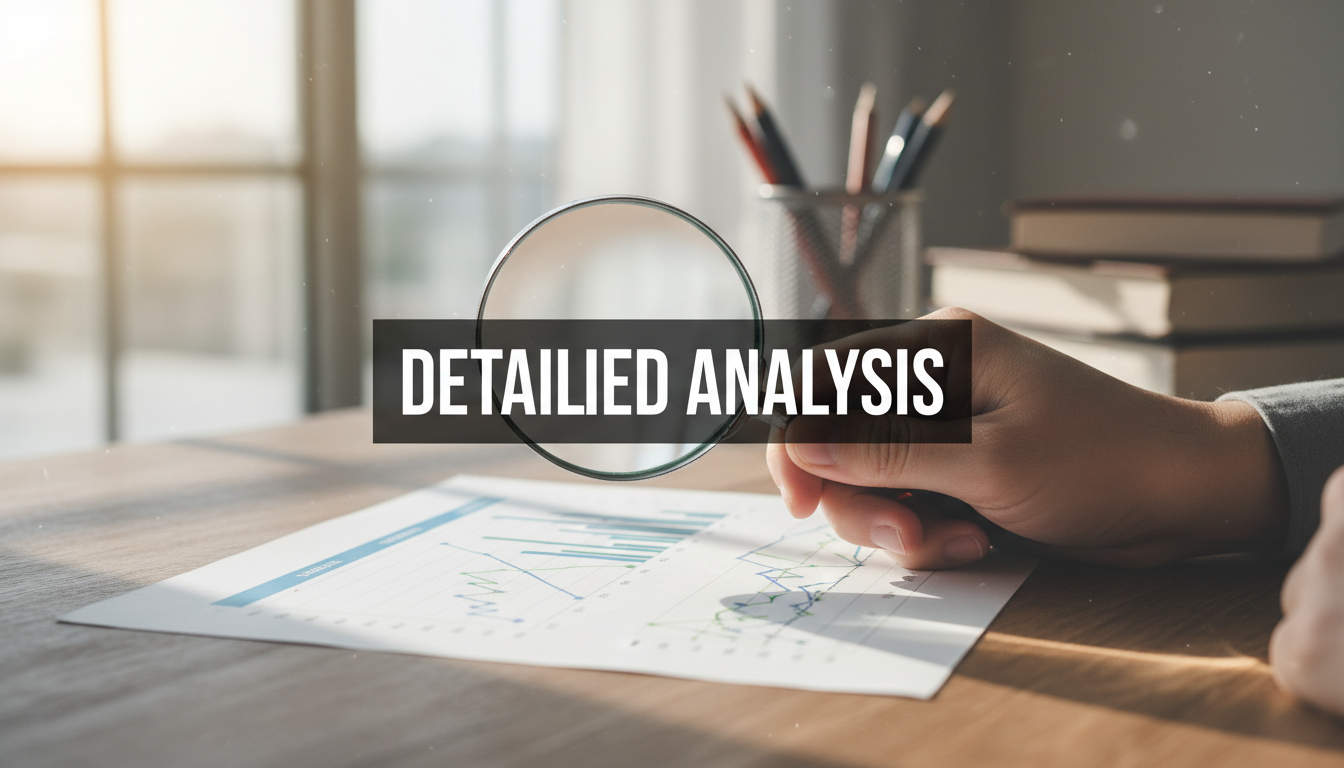A bright, realistic, single-shot stock photo of a person's hands using a magnifying glass to inspect a printed financial chart on a wooden desk. Superimposed on the center is a solid black rectangular box containing the text 'DETAILED ANALYSIS' in bold white font. There is NO other text.